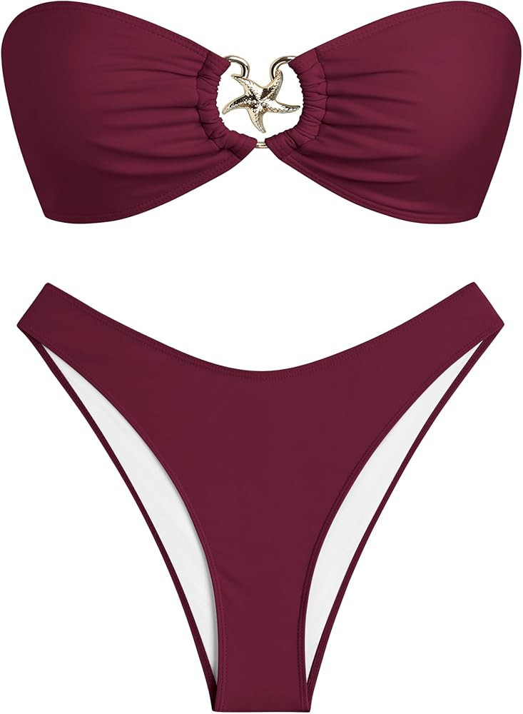 ZAFUL Womens Bandeau Bikini Set Metallic Sparkly O Ring Lace Up Tie Side High Cut Tanga Sexy Bath... | Amazon (US)