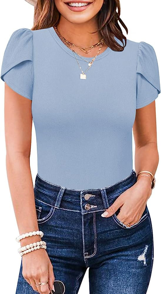MISSJOY Womens Summer Short Sleeve Bodysuits Crew Neck Ribbed Petal Sleeve Stretchy Slim Fit Leot... | Amazon (US)