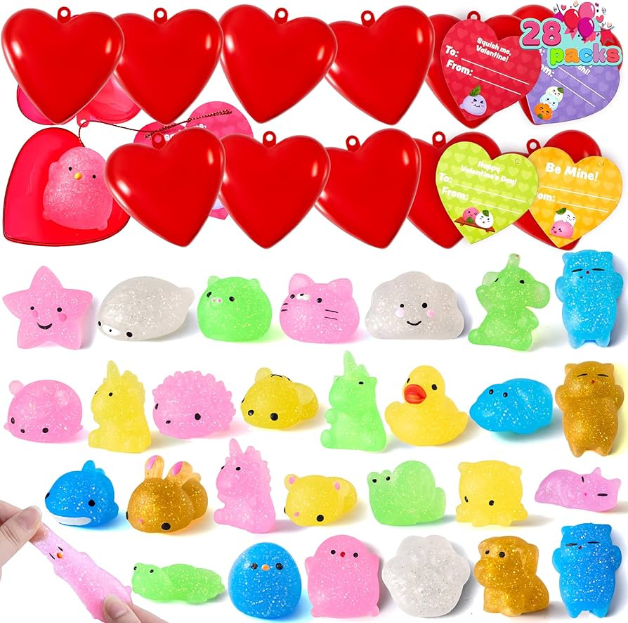 JOYIN 28 Packs Valentines Day Gifts for Kids, Glitter Mochi Squishy Toys with Hearts Funny Valent... | Amazon (US)