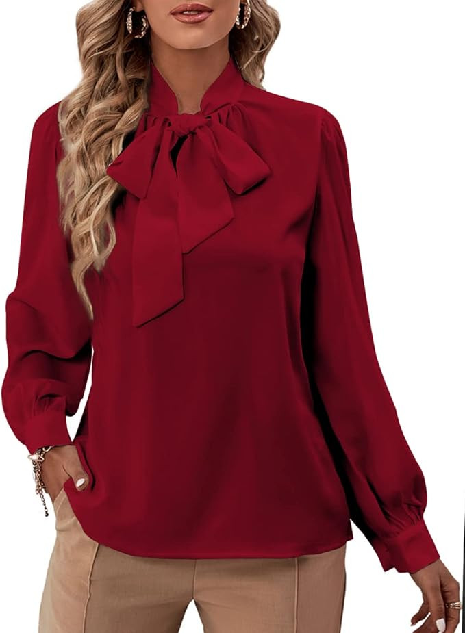 Rooscier Women's Bow Tie Neck Long Sleeve Buttton Cuff Chiffon Elegant Blouse | Amazon (US)