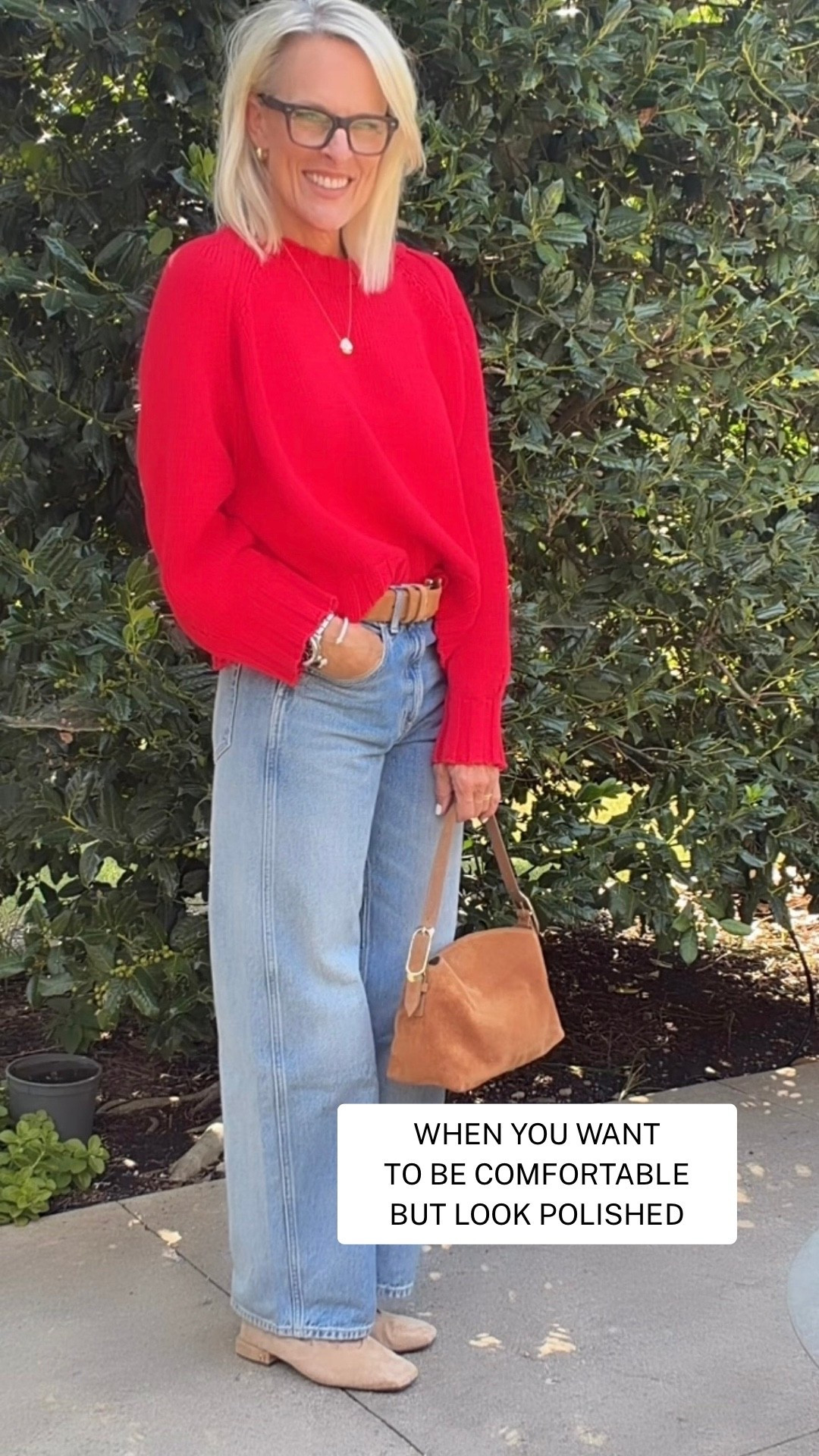 This is one of those outfits that makes getting dressed feel easy, a classic red cotton sweater with relaxed wide-leg jeans and simple flats. The bright red adds a little color, while the denim and neutral accessories keep the look polished and wearable.

The red is currently on preorder, but this sweater is available in other colors as well. I love this combination for everyday plans, lunch, or anytime you want to be comfortable without looking too casual.

#LTKootd #LTKOver40 #LTKSeasonal