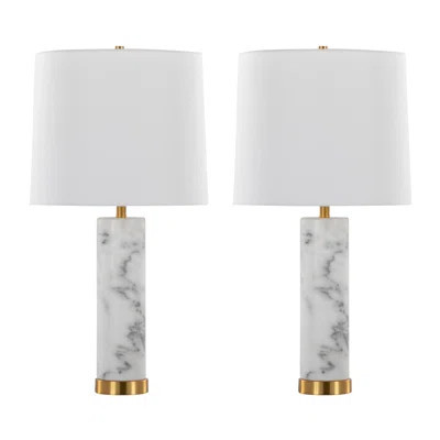 Marabella 26'' Contemporary Marble Table Lamp Set of 2 with White Marble Base, Brass Accents and White Linen Shade by LumiSource | Wayfair North America