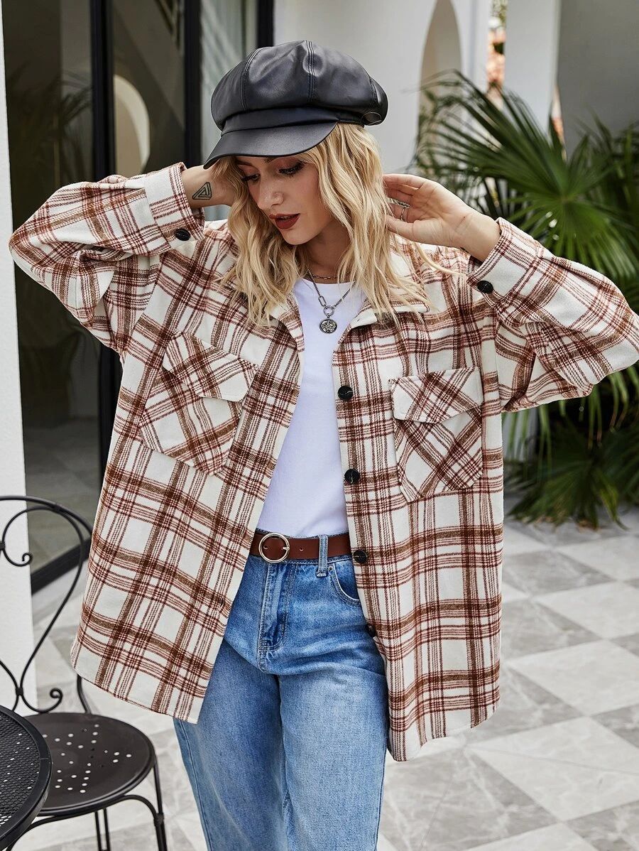 Plaid Flap Pocket Button Up Overshirt | SHEIN