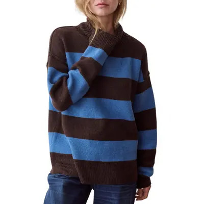 Marine Layer Maggie Rollneck Stripe Sweater in Chocolate And Coronet at Nordstrom, Size Small | Nordstrom