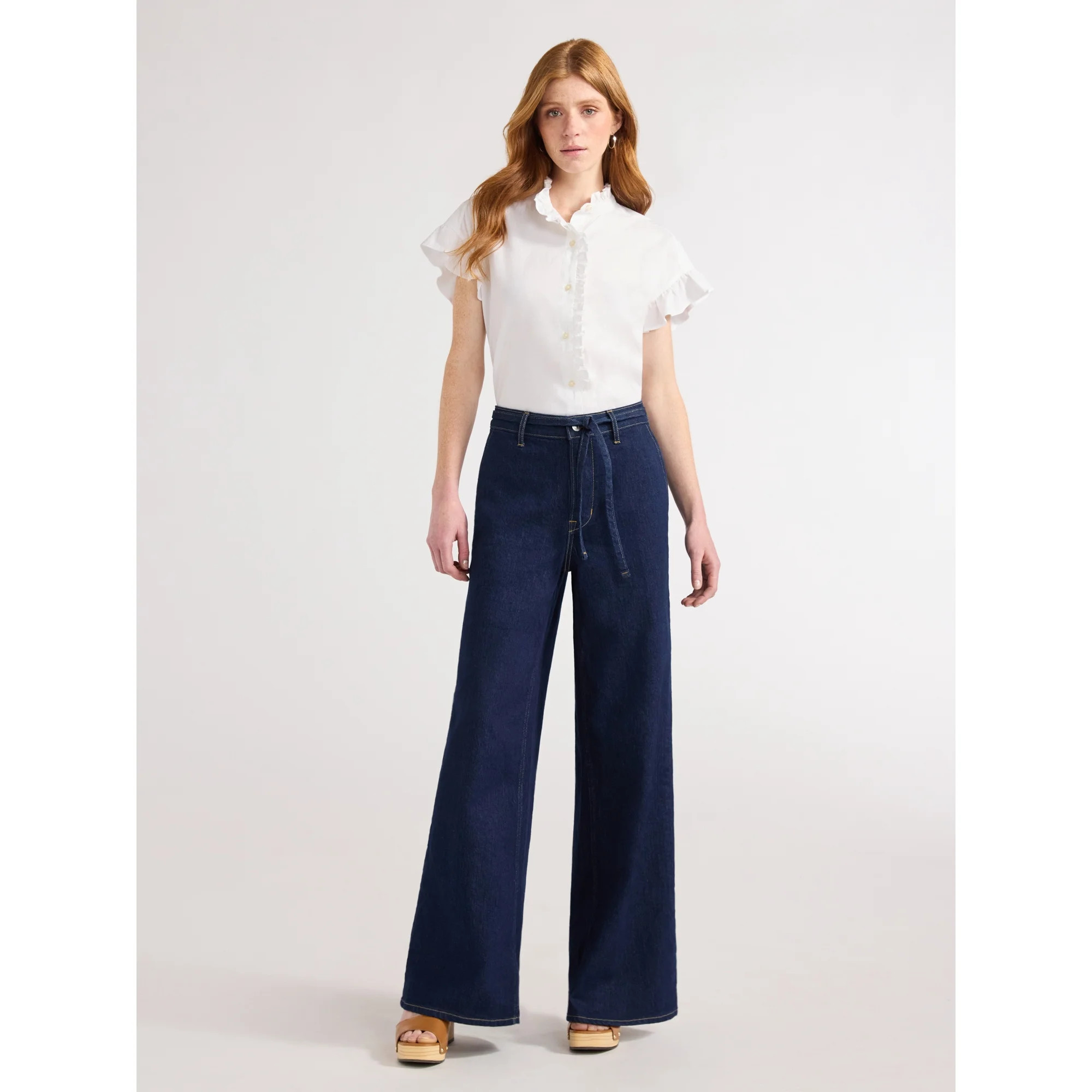 Free Assembly Women's and Women's Plus Ruffle Trim Neck Top with Short Sleeves, Sizes XS-4X | Walmart (US)