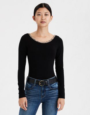 AE Long Sleeve Leopard Trim Bodysuit | American Eagle Outfitters (US & CA)