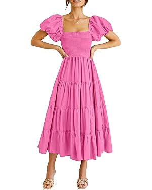 PRETTYGARDEN Women's Summer Midi Dress | Casual, Puffy Short Sleeve, Square Neck, Smocked, Tiered... | Amazon (US)