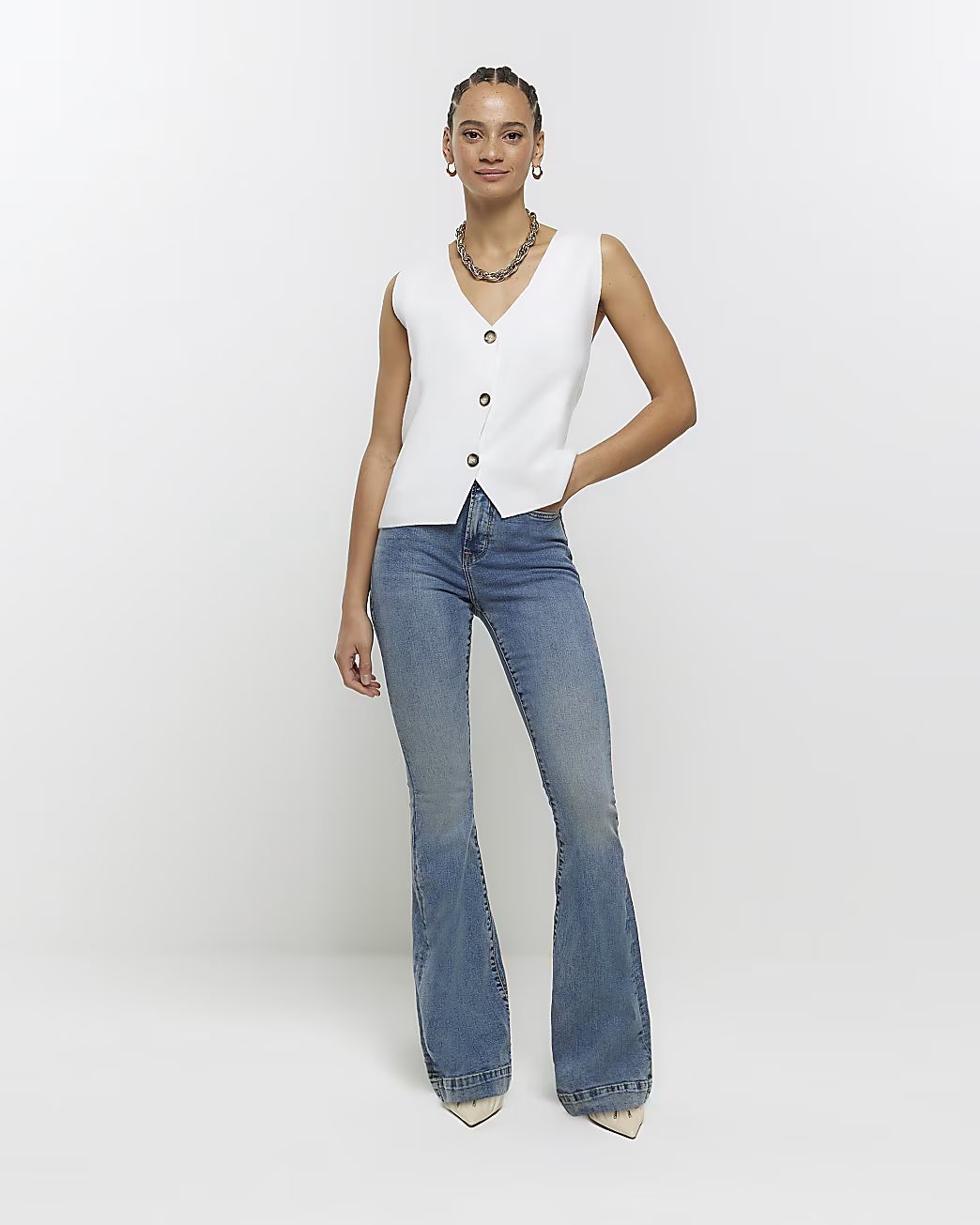 Blue high waisted tummy hold flare jeans | River Island (UK & IE)