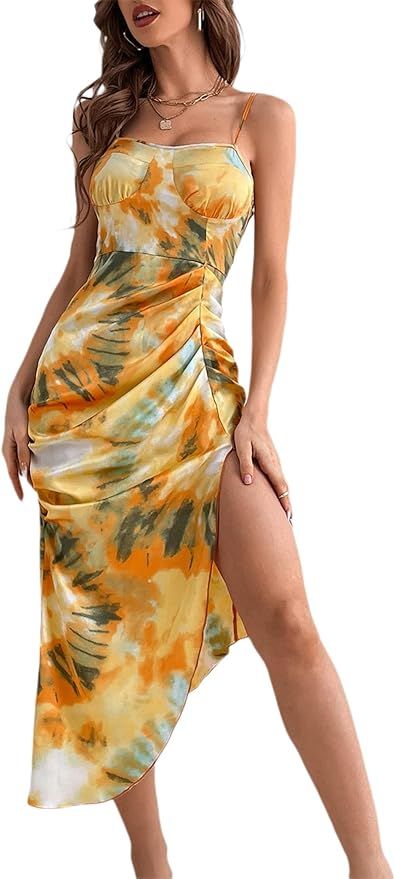MakeMeChic Women's Tie Dye Spaghetti Strap Ruched High Slit Cami Summer Dress | Amazon (US)
