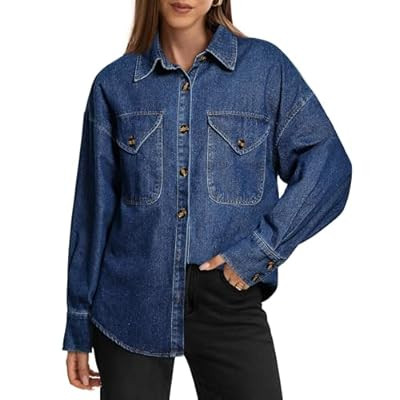 POTILI Women's Oversized Denim Shirt Long Sleeve Boyfriend Jean Jacket Button Down Blouse Top | Amazon (US)