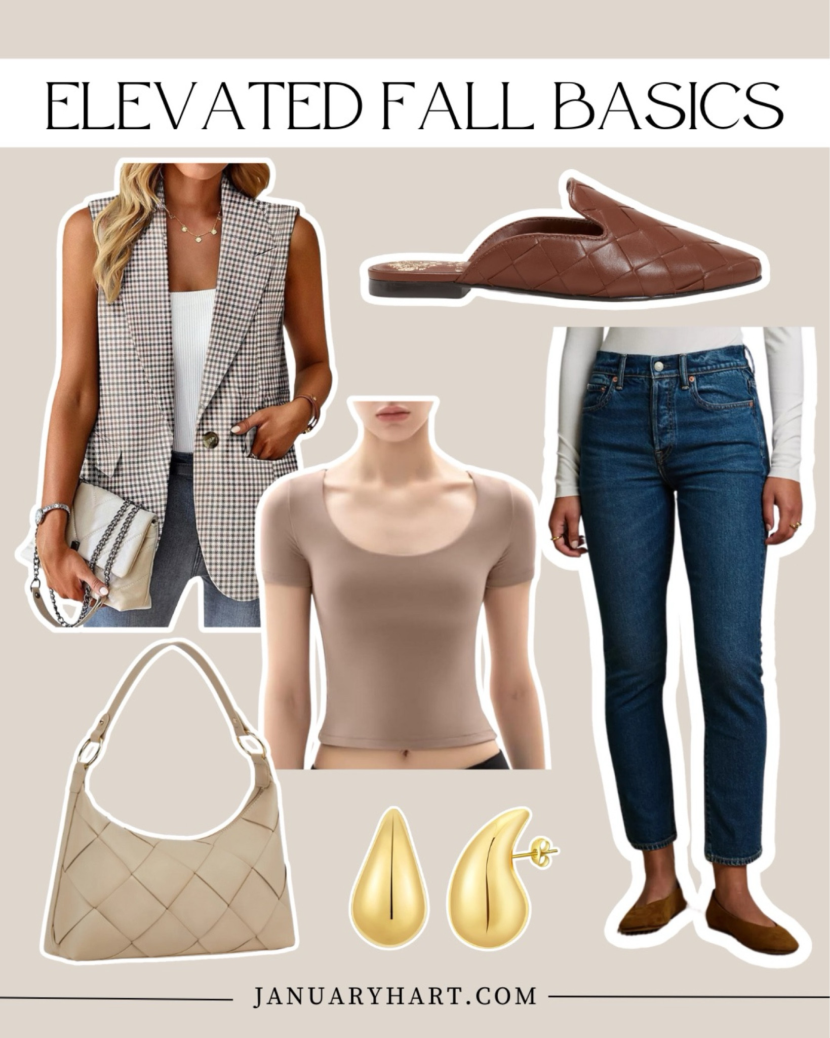 October Lookbook 🍁 Join my email list for first dibs on a new Lookbook full of outfit ideas each month. januaryhart.com/subscribe

Fall outfit ideas, sleeveless plaid blazer, straight leg denim jeans, skims, slides, mules, neutral outfit idea, short sleeve basic layering top tee 

#LTKStyleTip #LTKFindsUnder100 #LTKOver40