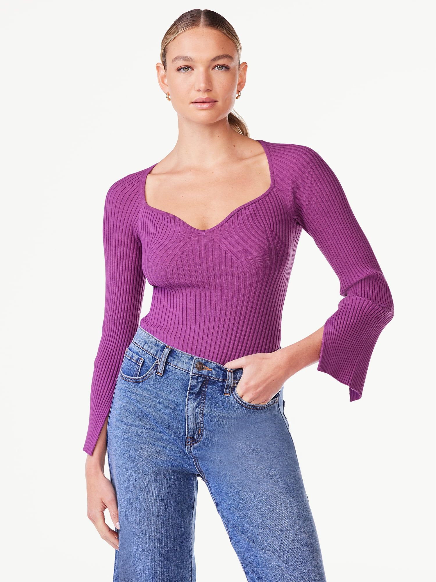 Scoop Women's Ribbed Bodysuit with Sweetheart Neck and Long Sleeves, Sizes XS-XXL - Walmart.com | Walmart (US)