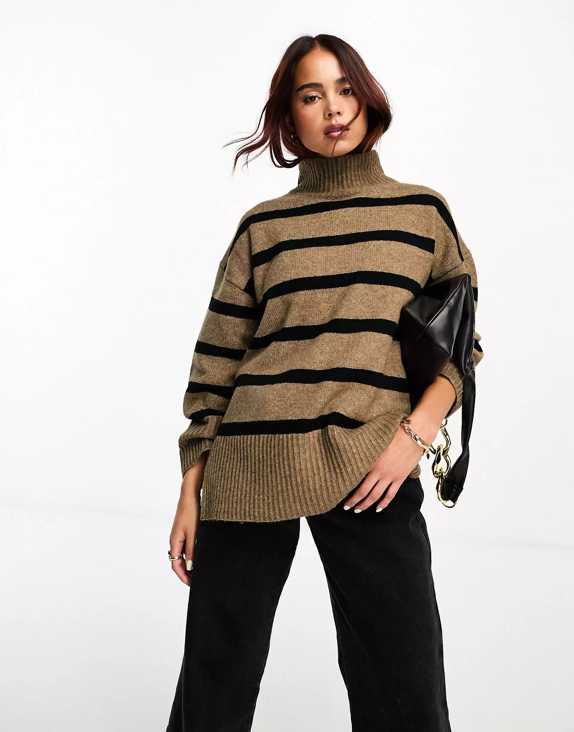 ASOS DESIGN longline jumper with high neck in stripe | ASOS (Global)