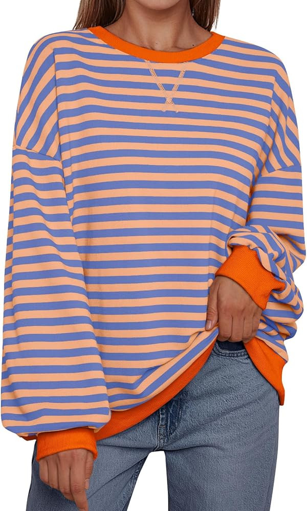 Trendy Queen Oversized Sweatshirt for Women 2024 Fall Crewneck Striped Long Sleeve Shirts Hoodies... | Amazon (US)