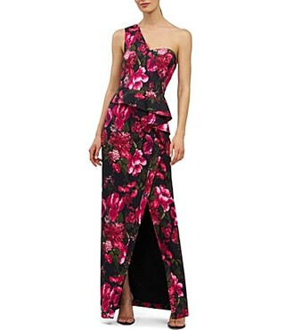 Kay Unger Josephine One Shoulder Floral Column Gown with Slit - 16 | Dillard's
