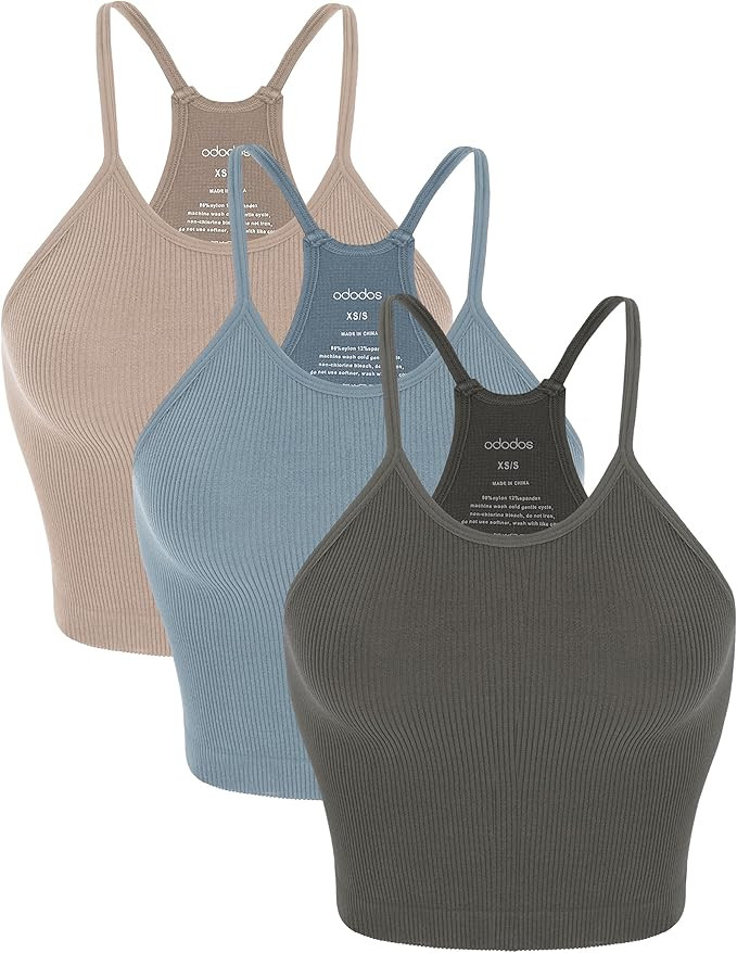 ODODOS Women's Crop 3-Pack Seamless Rib-Knit Camisole Crop Tank Tops | Amazon (US)