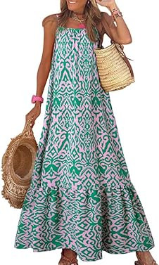Dokotoo Women Summer Dresses 2024 Spaghetti Strap Scoop Neck Smocked Ruffle Flowy Boho Maxi Dress | Amazon (US)