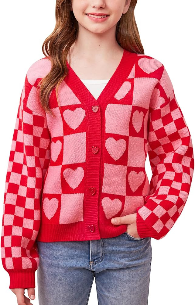 Girls Valentine’s Day Heart Button V-Neck Knit Cardigan St Patricks Lucky Shamrock Sweater 6-14... | Amazon (US)