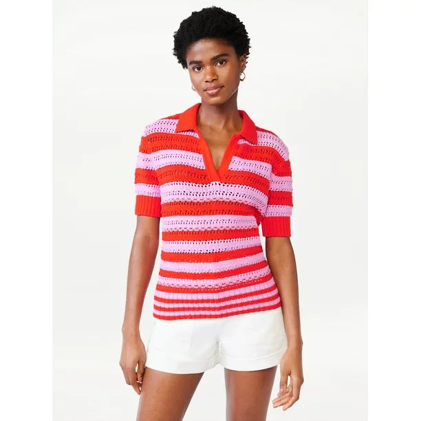Scoop Women's Openwork Crochet Stripe Polo | Walmart (US)