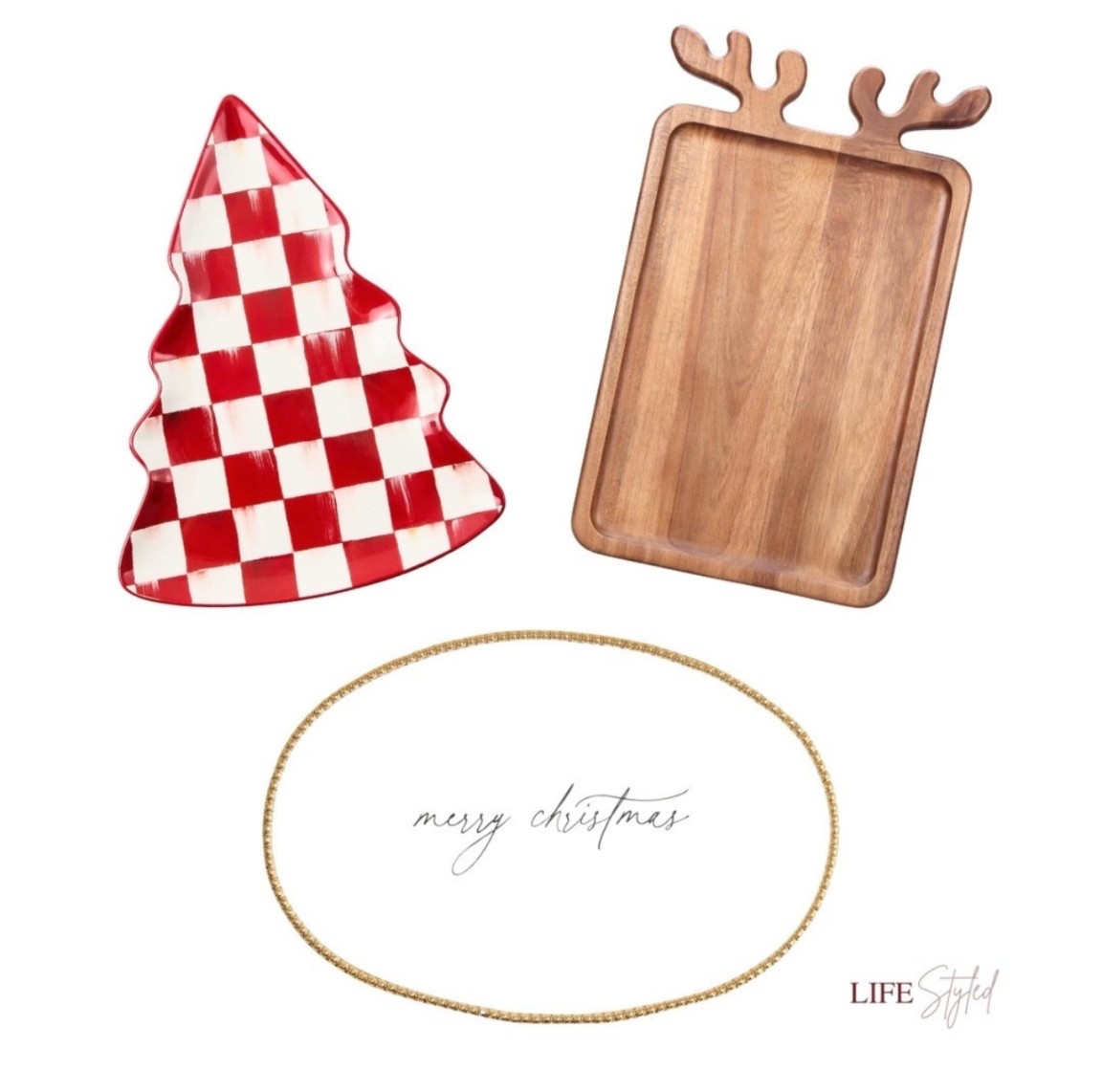 Holiday hosting just got a whole lot cuter with these festive essentials — a reindeer-antler wood board, a red check Christmas tree platter, and a white + gold beaded “Merry Christmas” dish that brings the perfect hint of sparkle. 🧑‍🍳 

In my Black Friday and Cyber Monday mindset and these are Christmas gift essentials. 🧠🎄🛍️.

#LTKHome #LTKCyberWeek #LTKGiftGuide