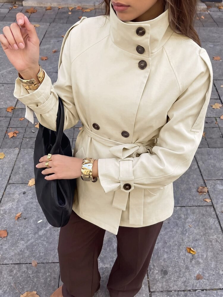 Roamenne  Casual Solid Color Loose Waist Tie Long Sleeve Trench coat | SHEIN