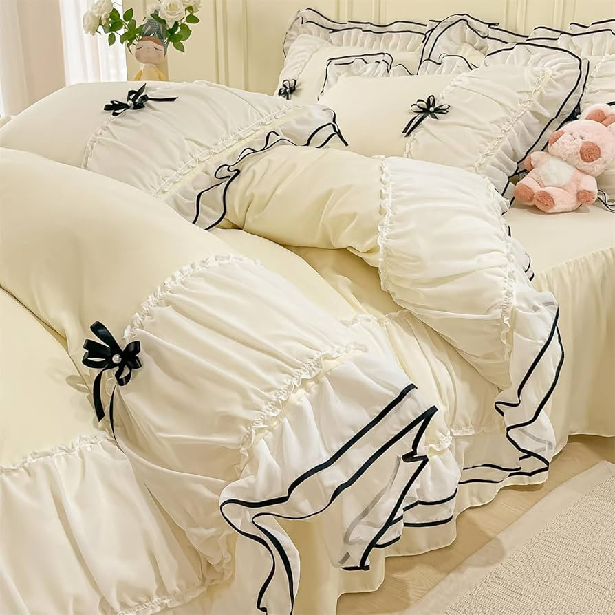 IHOUSTRIY Cream Duvet Cover Queen Size, Ruffle Beddding Set with Bowtie, 3 Pieces Comforter Cover... | Amazon (US)