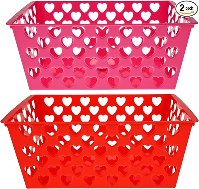 LLE Rectangular Valentine's Day Heart Baskets, Red Pink Multi-Use Plastic Bin with Built- in Hand... | Amazon (US)