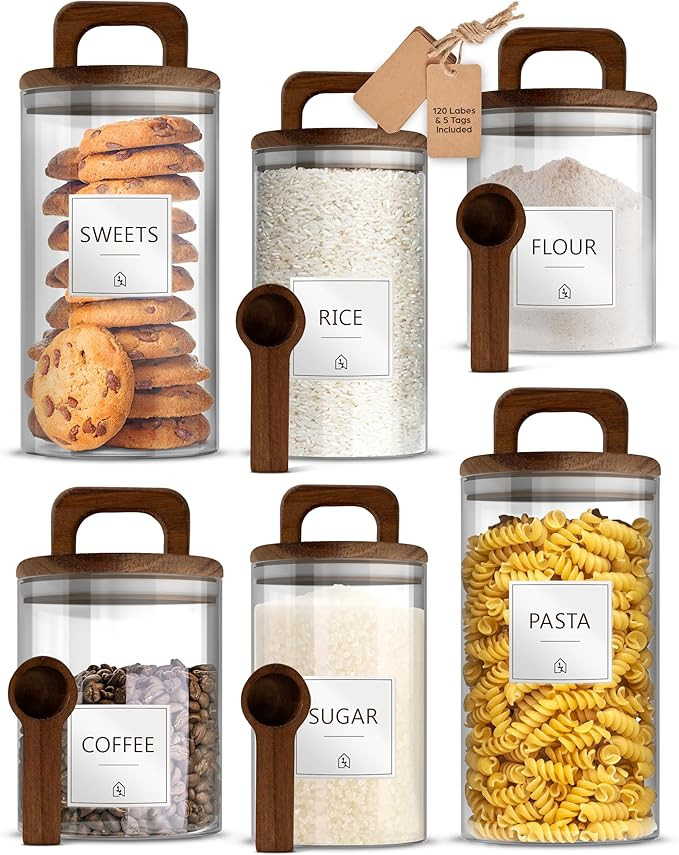 Premium Glass Jar Set - 6 Canisters with Airtight Natural Acacia Lids, Custom Labels & Spoons - F... | Amazon (US)