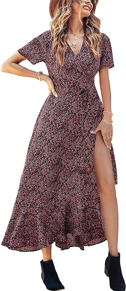PRETTYGARDEN Women's Boho Floral Maxi Dress Summer Short Sleeve Wrap V Neck Long Flowy Beach Vaca... | Amazon (US)