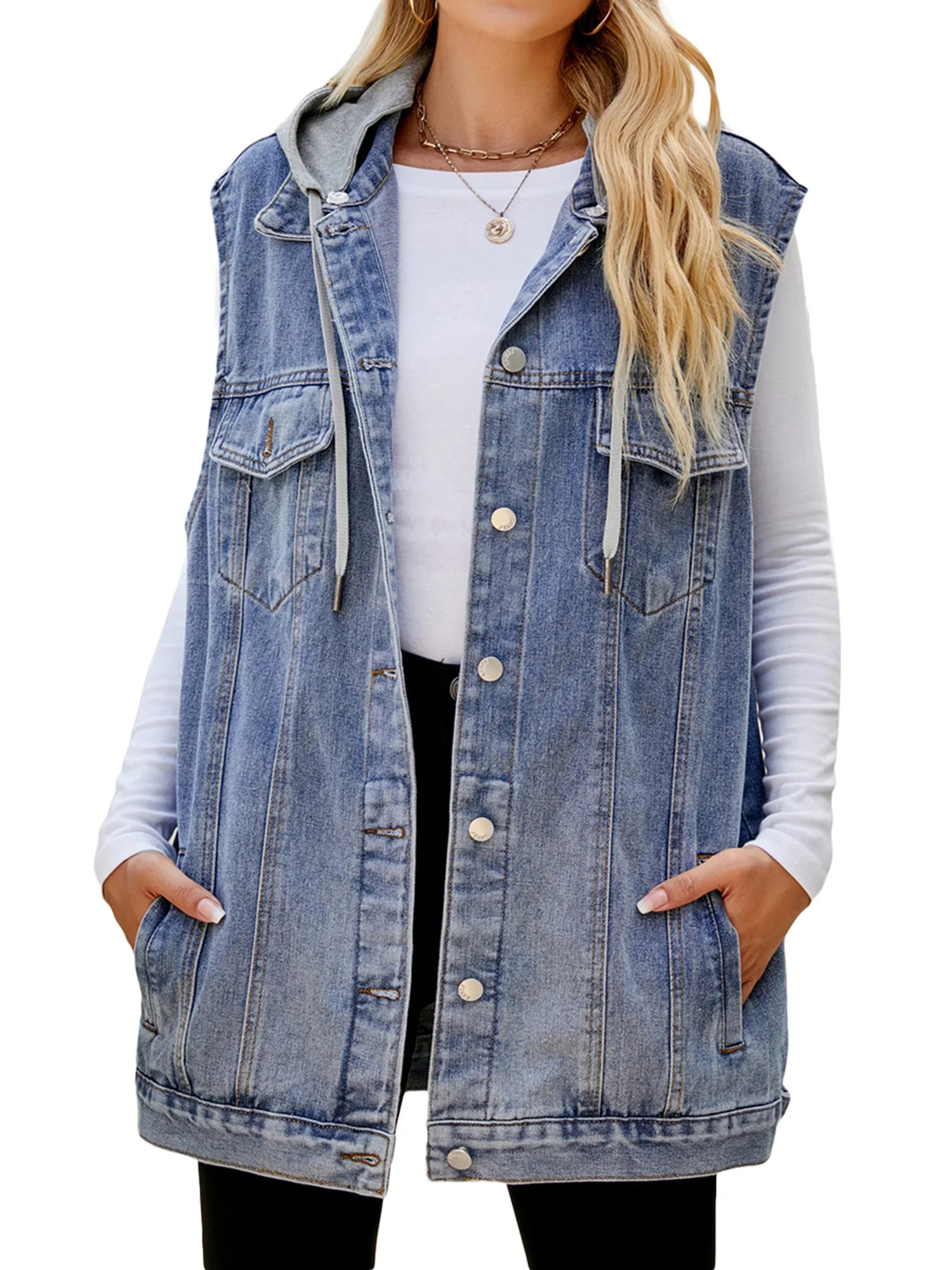 Sunisery Womens Blue Denim Vest Jean Waistcoat Vest Sleeveless Distressed Jean Jackets, Lapel/Hoo... | Walmart (US)