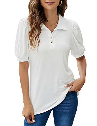 LOMON Women's Polo Shirts Lightweight Short Sleeve Solid Button Down Athletic Tops White L | Amazon (US)