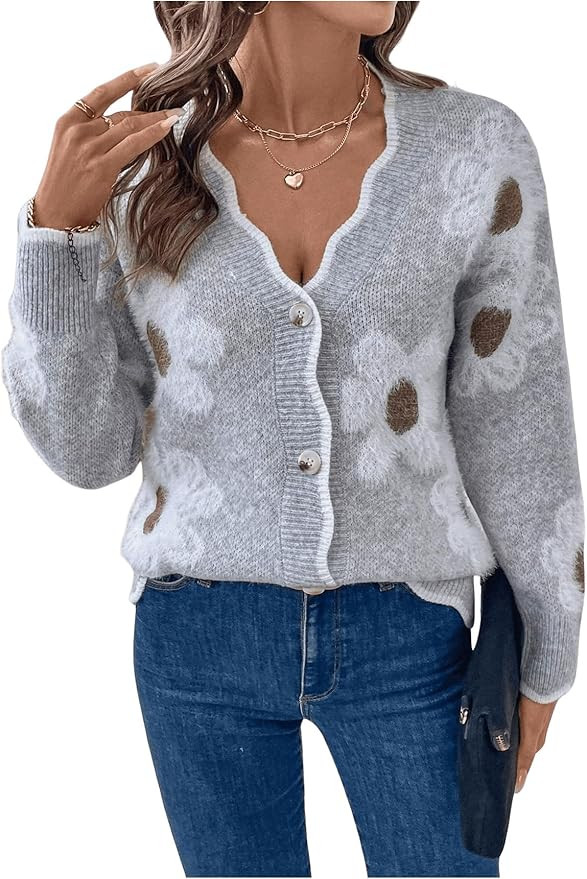 SHENHE Women's Button Down Floral Cardigan Scalloped V Neck Flower Sweater Cardigans | Amazon (US)