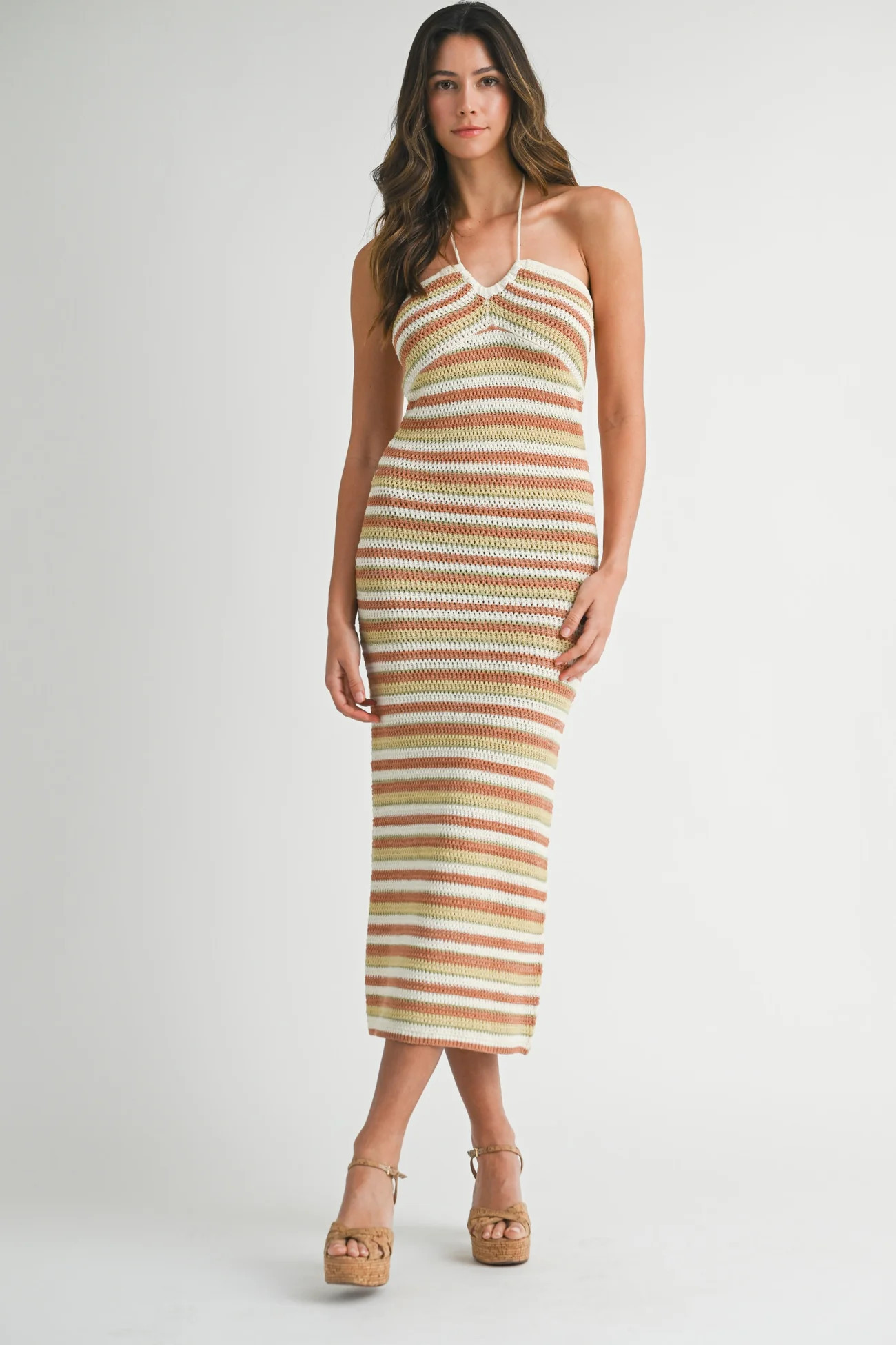 Blue Striped Halter Crochet Knit Maternity Midi Dress | PinkBlush Maternity
