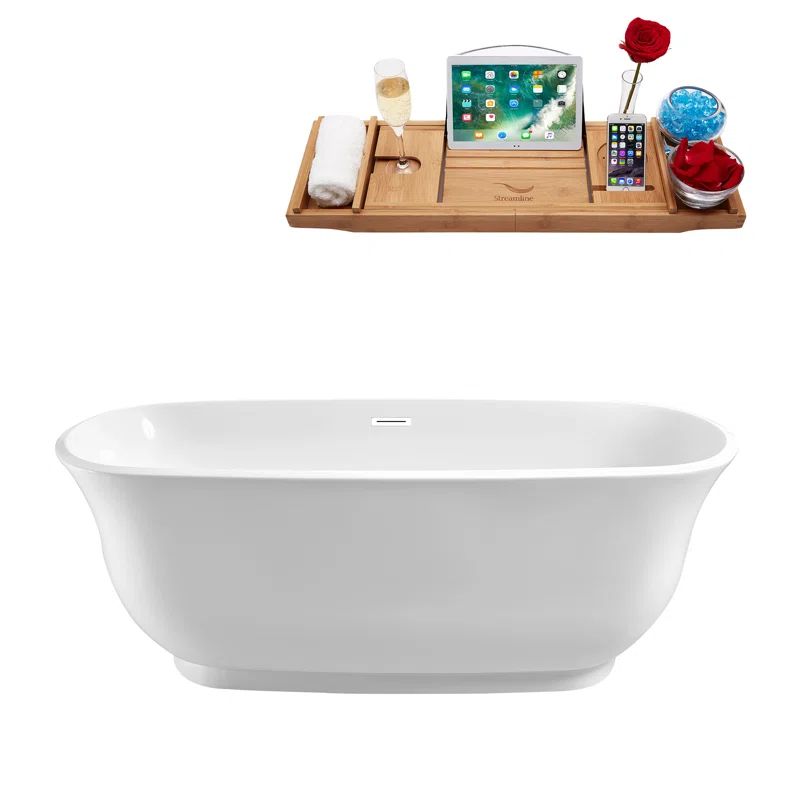 67" Streamline Freestanding Soaking Acrylic Bathtub With Drain and Bamboo Tray | Wayfair North America