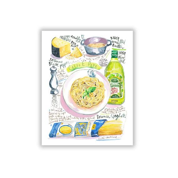 Italian pasta print, Illustrated recipe, Watercolor painting, Pasta poster, Cook in Italy, Italia... | Etsy (US)