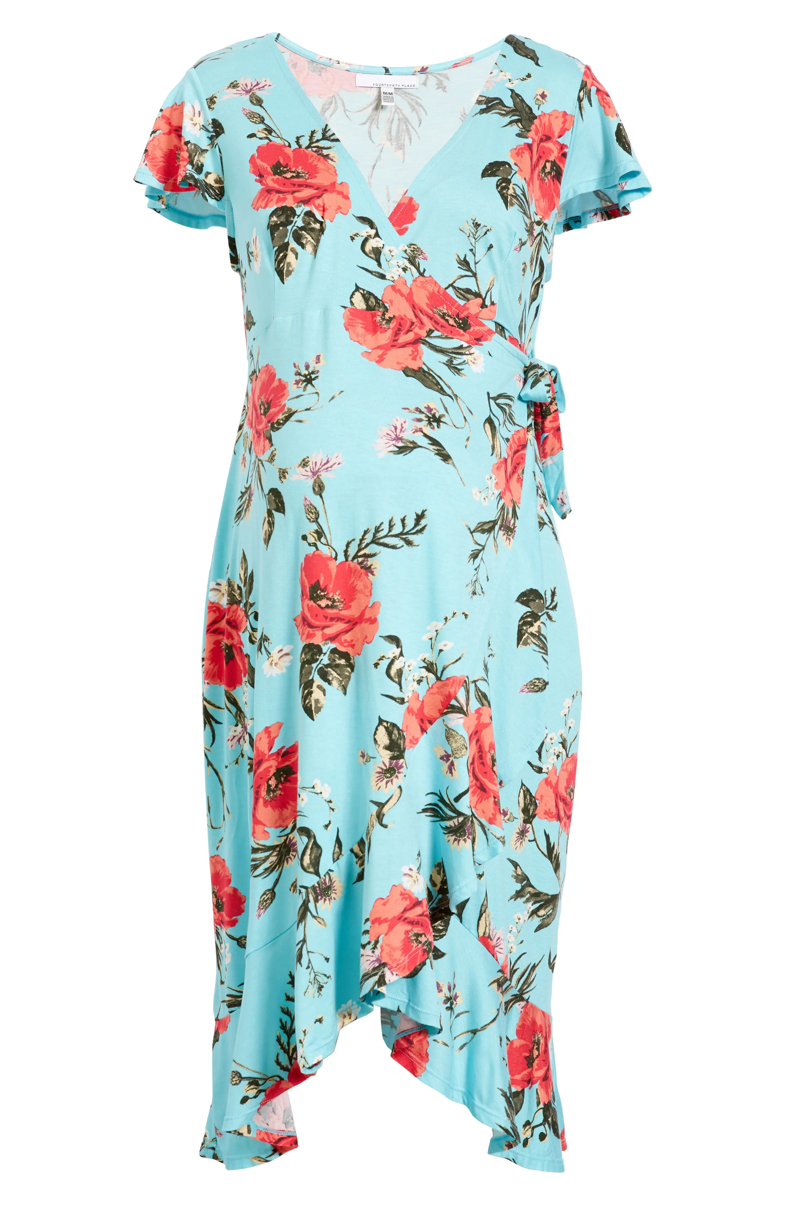 Fourteenth Place Flutter Sleeve Wrap Maternity Dress in Blue at Nordstrom, Size Large | Nordstrom