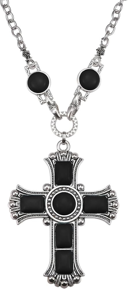 Turquoise Cross Necklace Silver Tone Natural Gemstone Necklace Black Pine Stone Cross Necklace fo... | Amazon (US)