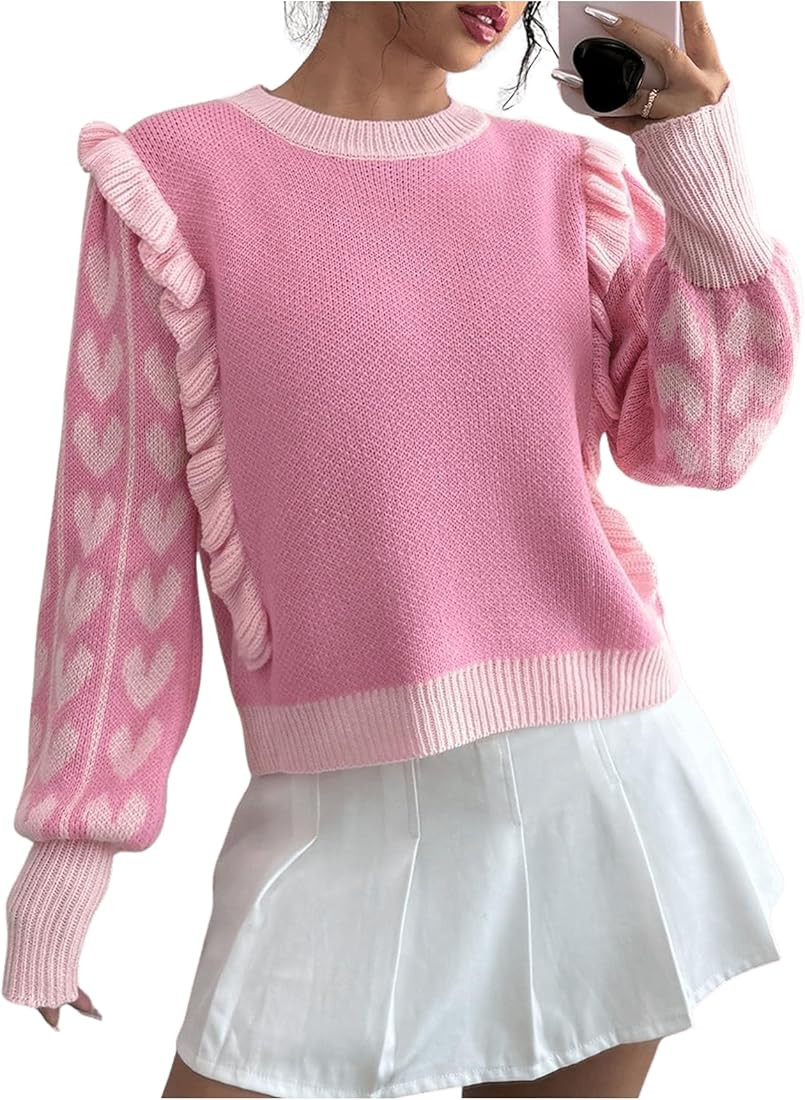 MakeMeChic Women's Heart Pattern Crew Neck Sweater Long Sleeve Ruffle Trim Knitted Pullovers Top | Amazon (US)