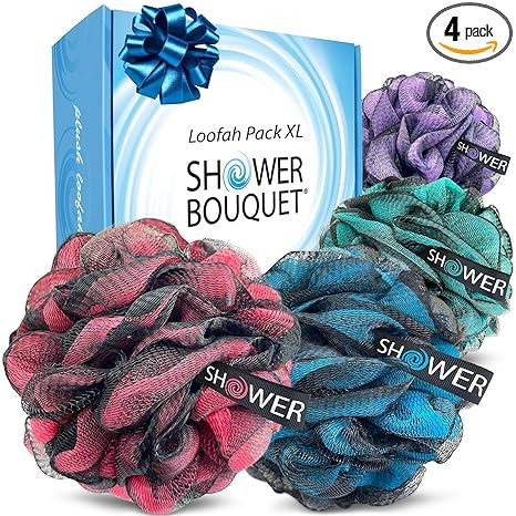 SHOWER BOUQUET Loofah-Charcoal Bath-Sponge XL-Color-4-Pack // Extra Large 75g Soft Mesh Black Luf... | Amazon (US)