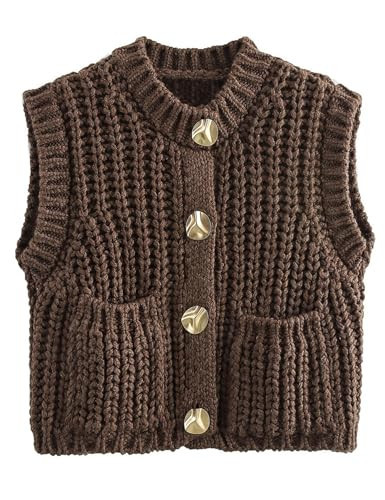 Wyeysyt Sweater Vest Women Cropped Chunky Knit Vest Casual Button Down Crochet Sleeveless Knitted Sweater Vest with Pockets(Coffee-L) | Amazon (US)
