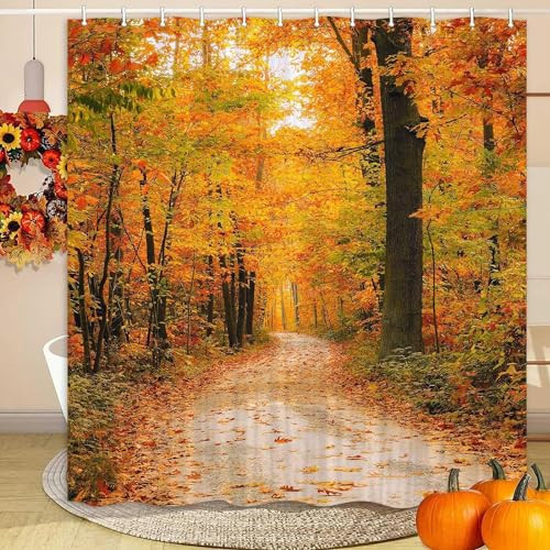DYNH Fall Forest Shower Curtain, Yellow Fall Landscape Maple Leaves Tree Nature Autumn Season Fabric Shower Curtains for Bathroom, Thanksgiving Shower Curtain Autumn Bath Decor with Hooks | Amazon (US)