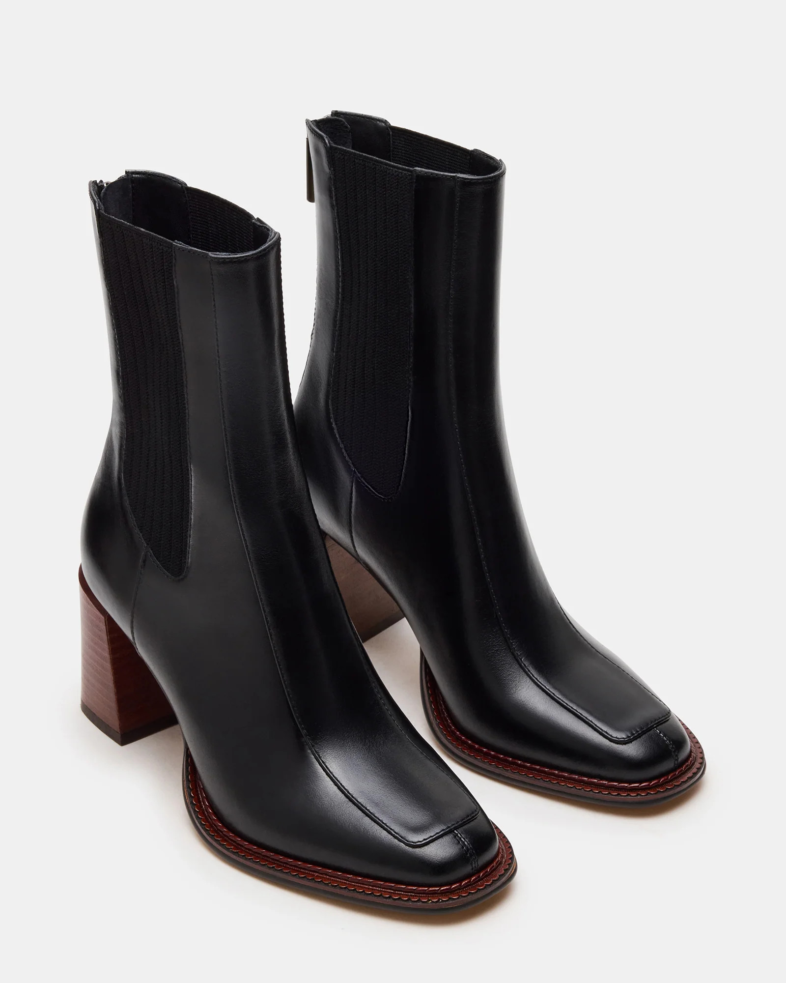 DOWNTOWN Black Leather Chelsea Block Heel Ankle Boot | Women's Booties | Steve Madden (US)