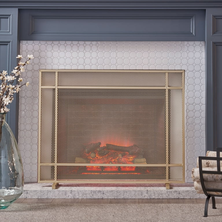 Noble House Houston Modern Single Panel Iron Firescreen, Gold Finish | Walmart (US)