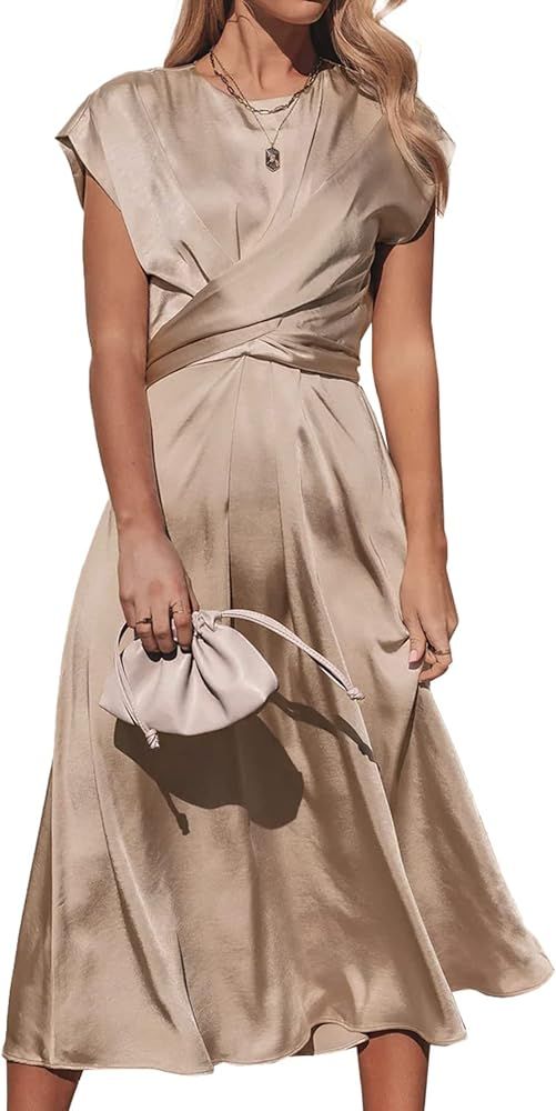 Women's Satin Crew Neck Cap Sleeve Tie Waist A Line Flowy Elegant Midi Dress | Amazon (US)