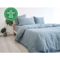 Dusty Blue Linen Bedding Set 1 Duvet Cover & 2 Pillowcases Softened Comforter Hidden Closure | Etsy (US)