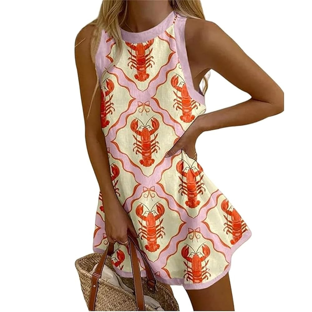 Womens Lobster Dresses Y2K Sleeveless Cute Graphic Lobster Fish Printed Dress Linen Summer Mini T... | Amazon (US)