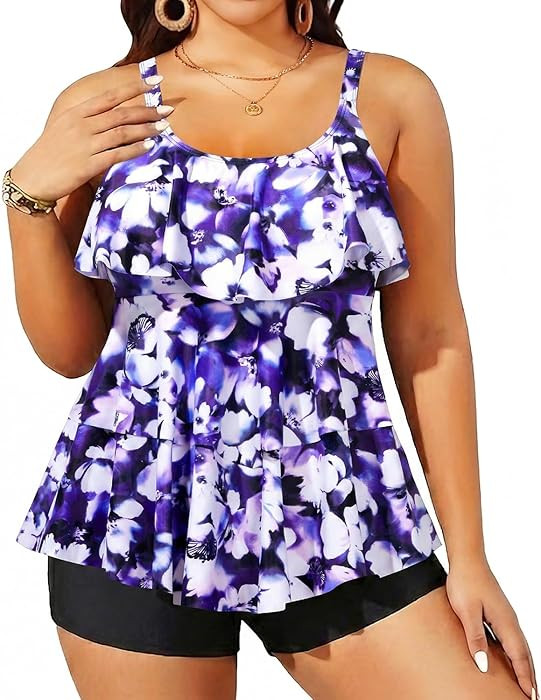 Yonique Women's Plus Size Tankini Swimsuits with Shorts Two Piece Bathing Suits Ruffle Swimsuits ... | Amazon (US)