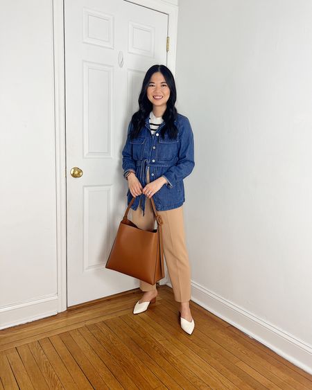 Denim shirt jacket (SP)
Striped sweater (XS)
Khaki pants (4P)
Brown tote bag
White pumps (1/2 size up)
White mule pumps
Smart casual outfit
Ann Taylor outfit
Teacher outfit
Spring work outfit
Spring outfit 

#LTKfindsunder100 #LTKworkwear #LTKstyletip