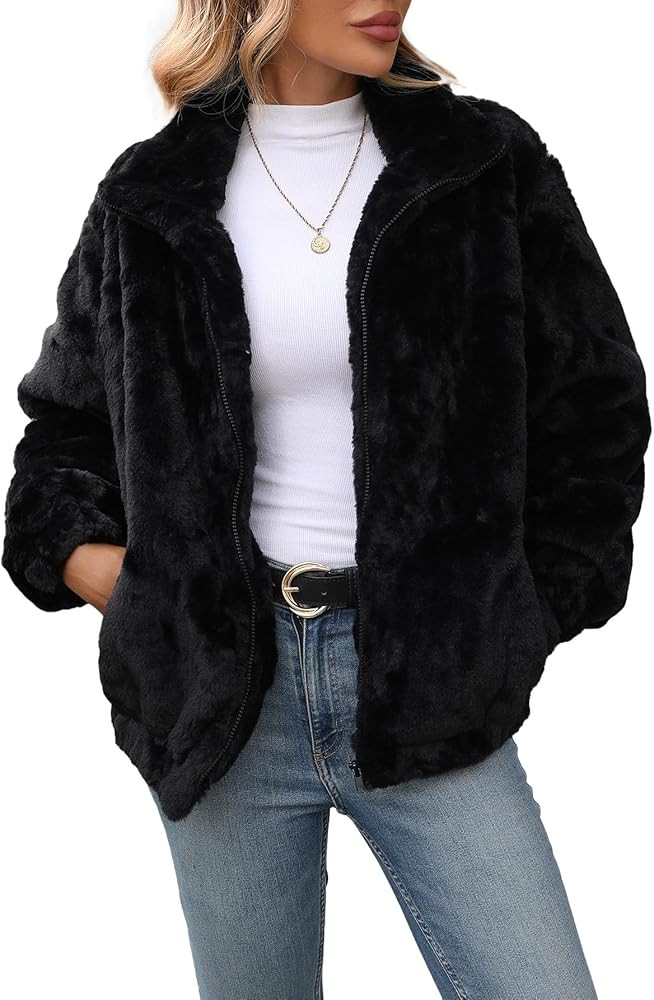 Women's Faux Fur Cropped Coat Fall Winter Warm Fleece Jackets Full Zip Sherpa Jacket | Amazon (US)