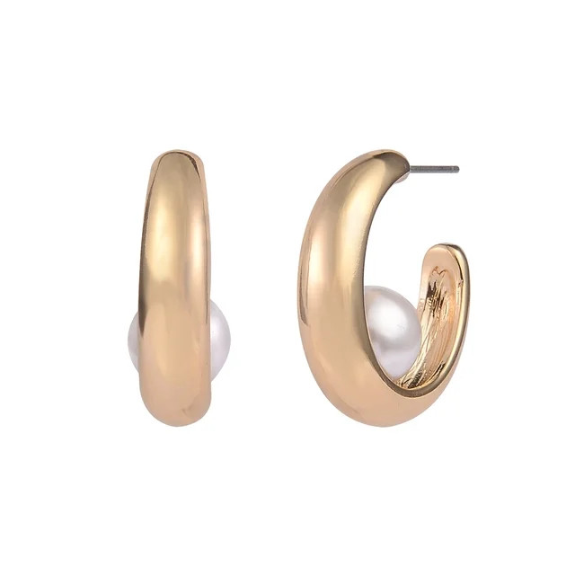 Time and Tru Women's Gold-Tone Metal and Acrylic Pearl C-Hoop Earrings | Walmart (US)